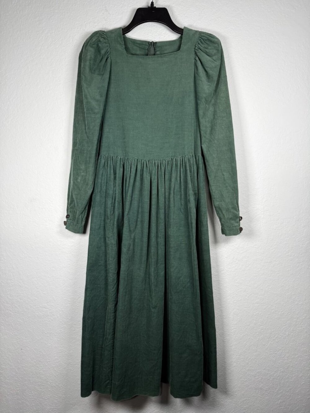 Vtg Laura Ashley Corduroy Maxi Dress Womens XS S Green Puff Sleeve Prairie 1980s